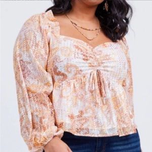 Arula Patterned Cinched Blouse XL - 2XL Orange Metallic Puffy Sleeves